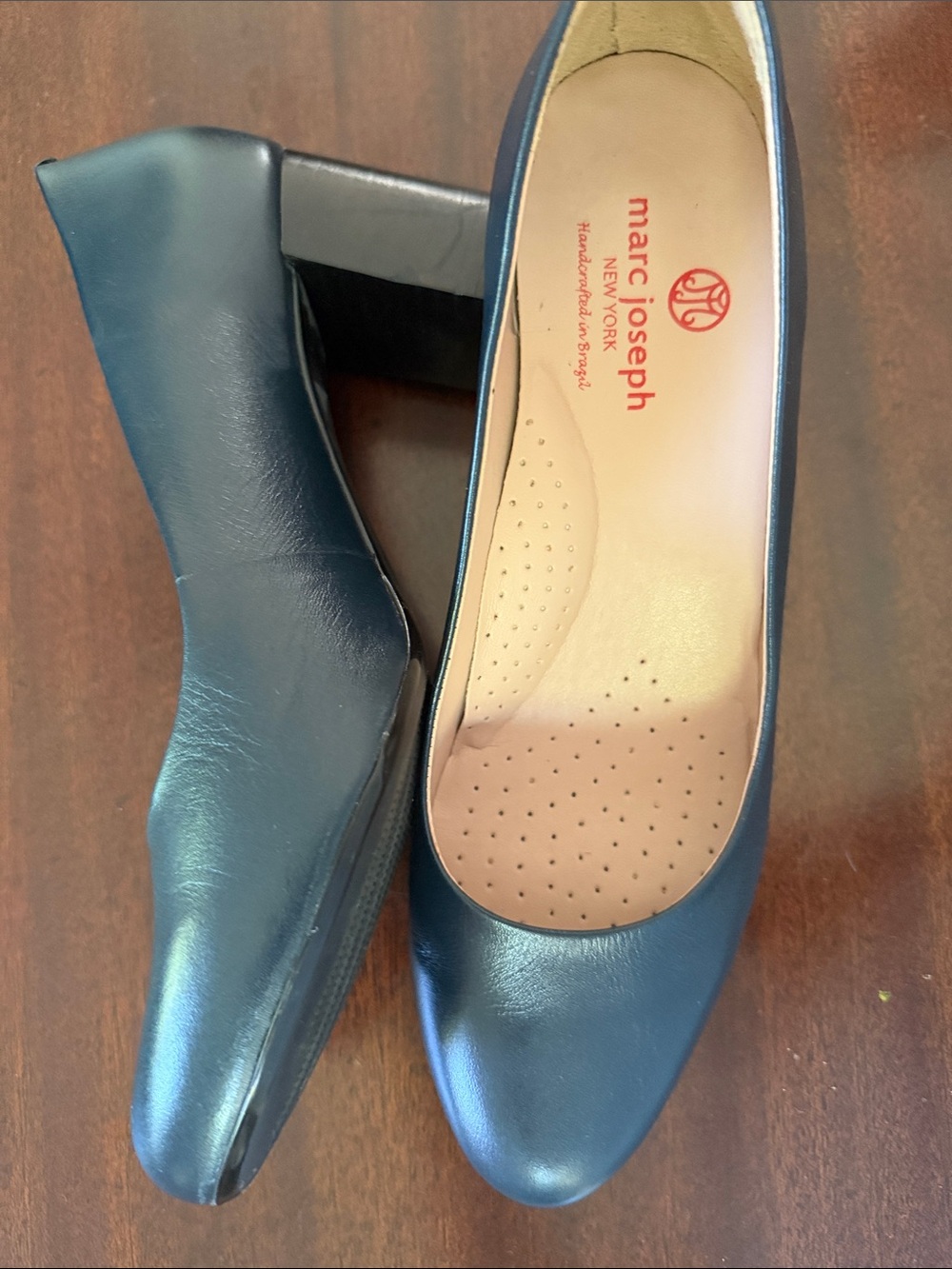 Marc Joseph Navy Leather Block Heel Pump